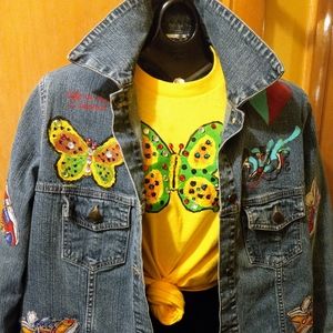 2PC WOMAN'S CUSTOM BOHO DESIGNED DENIM JACKET & MATCHING TEE BOTH SIZE M